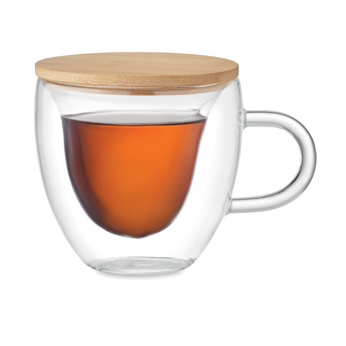 Tasse en verre à double paroi en forme de cœur et couvercle en bambou. Capacité : 180 ml. – Image 4