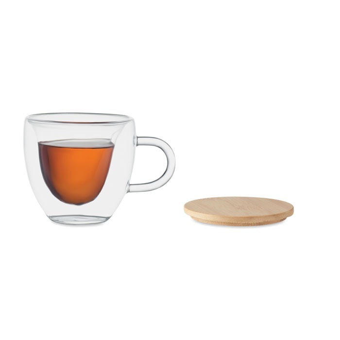 Tasse en verre à double paroi en forme de cœur et couvercle en bambou. Capacité : 180 ml. – Image 5